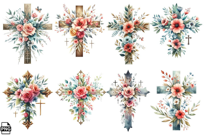 Watercolor Christian Floral Cross PNG Clipart Bundle Printable File ...