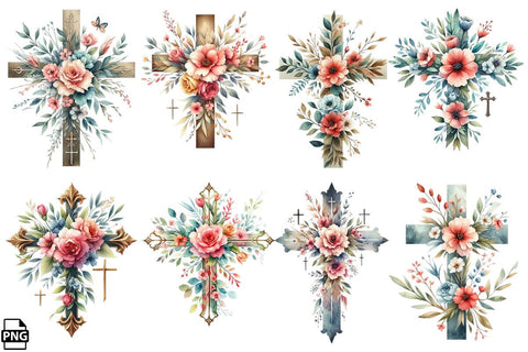 Watercolor Christian Floral Cross PNG Clipart Bundle Printable File Sublimation Creativedesigntee 
