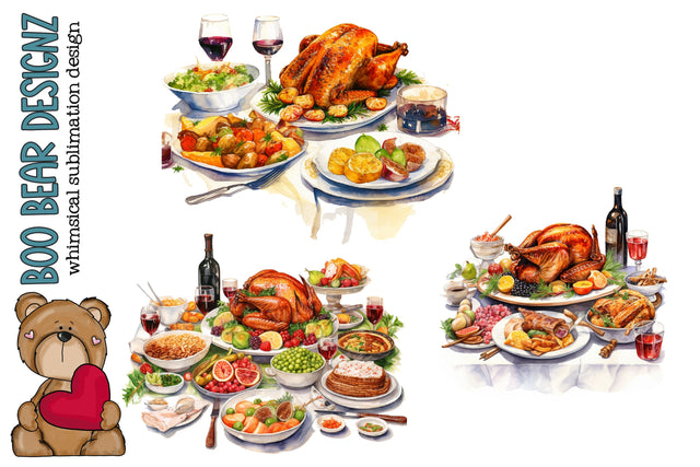 Watercolor Christmas and Thanksgiving dinner Clipart Sublimation Boo Bear Designz 