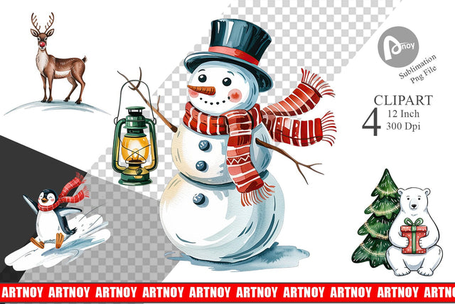 Watercolor Christmas Animal Clipart Sublimation artnoy 