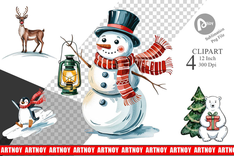 Watercolor Christmas Animal Clipart Sublimation artnoy 