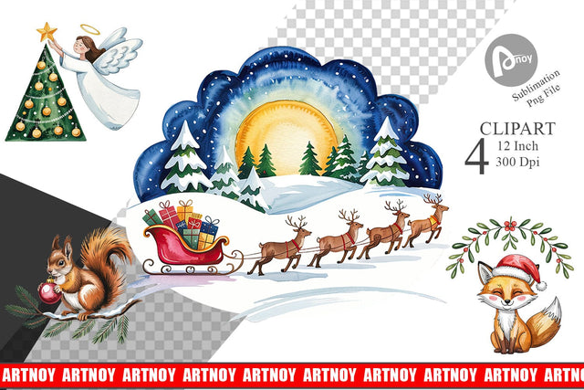 Watercolor Christmas Animal Clipart Sublimation artnoy 