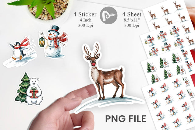 Watercolor Christmas Animal Sticker Sublimation artnoy 