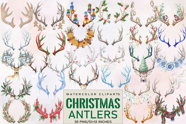 Watercolor Christmas Antlers Clipart PNG Sublimation SVGArt 