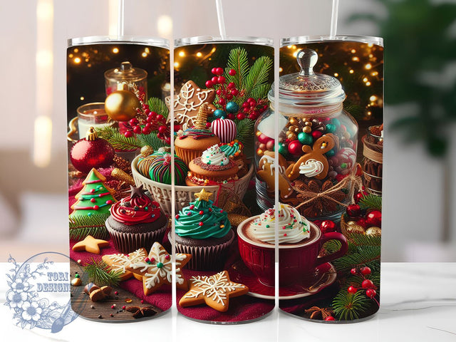Watercolor Christmas Bakery Tumbler, Watercolor Holiday Wrap, Festive Sweets Design, Sublimation Cup, 20oz Skinny Tumbler, Winter Drinkware, Cozy Christmas Style Sublimation ToriDesigns 