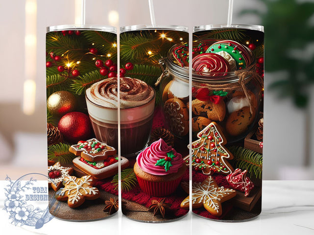 Watercolor Christmas Bakery Tumbler, Watercolor Holiday Wrap, Festive Sweets Design, Sublimation Cup, 20oz Skinny Tumbler, Winter Drinkware, Cozy Christmas Style Sublimation ToriDesigns 