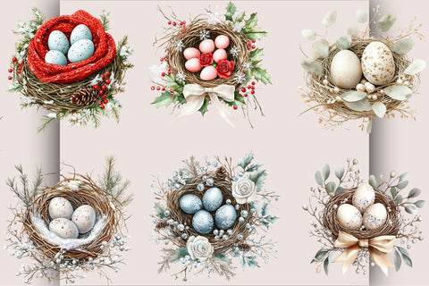 Watercolor Christmas Bird Nest Clipart Bundle. Sublimation SVGArt 