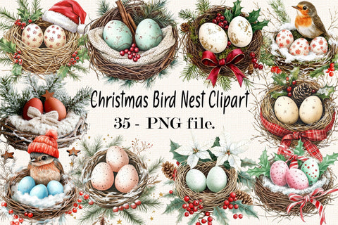 Watercolor Christmas Bird Nest Clipart Bundle. Sublimation SVGArt 