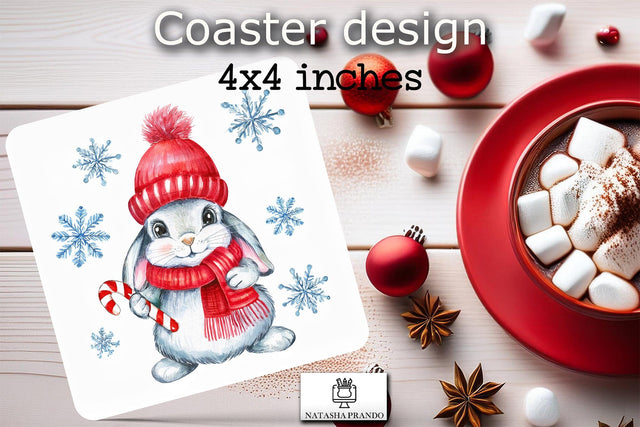 Watercolor Christmas Bunny Coaster Square Sublimation Design Sublimation Natasha Prando 