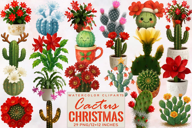Watercolor Christmas Cactus Clipart Sublimation SVGArt 