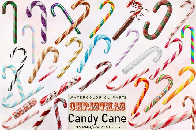 Watercolor Christmas Candy Cane Clipart Bundle. Sublimation SVGArt 