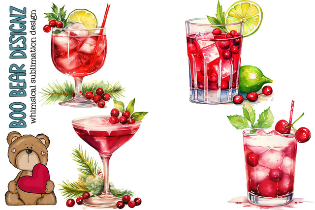 Watercolor Christmas Cocktail Clipart Sublimation Boo Bear Designz 