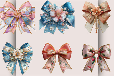 Watercolor Christmas Coquette Bow Clipart Bundle. Sublimation SVGArt 