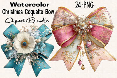 Watercolor Christmas Coquette Bow Clipart Bundle. Sublimation SVGArt 