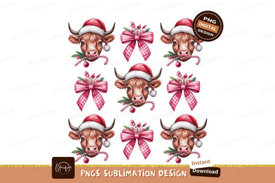 Watercolor Christmas Cow With Bows Pattern Sublimation Designangry 