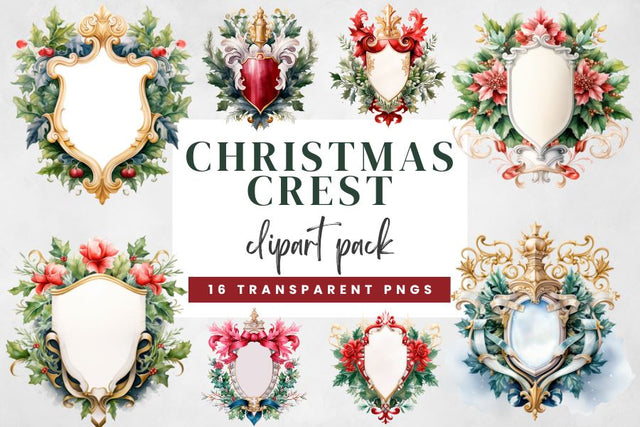 Watercolor Christmas Crest Clipart Bundle Sublimation BijouBay 