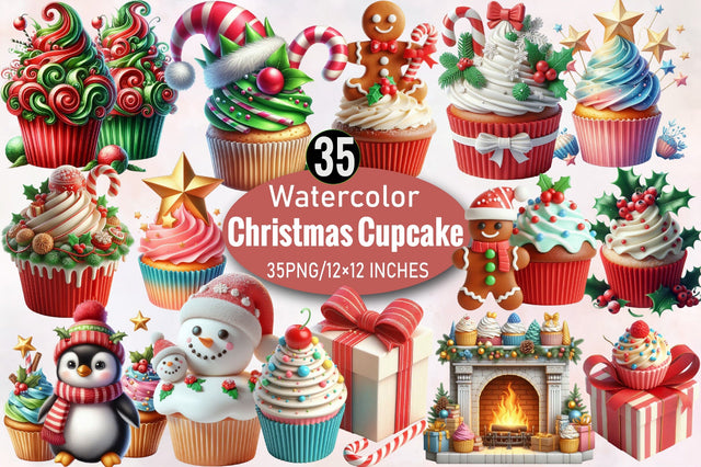 Watercolor Christmas Cupcake Clipart Bundle. Sublimation SVGArt 