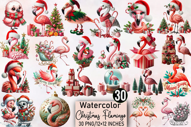Watercolor Christmas Flamingo Clipart Bundle. Sublimation SVGArt 