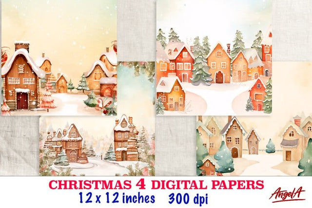 Watercolor Christmas floral digital paper / winter village Digital Pattern Angelina Semenova 