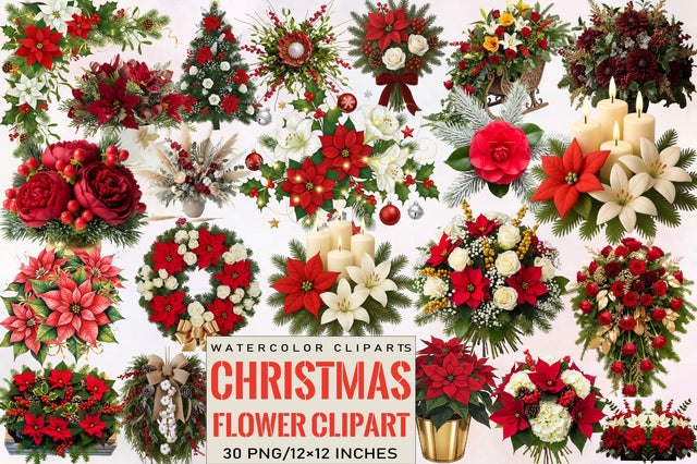 Watercolor Christmas Flower Clipart Bundle. Sublimation SVGArt 