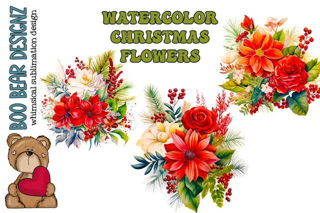 Watercolor Christmas Flower Clipart Sublimation Boo Bear Designz 