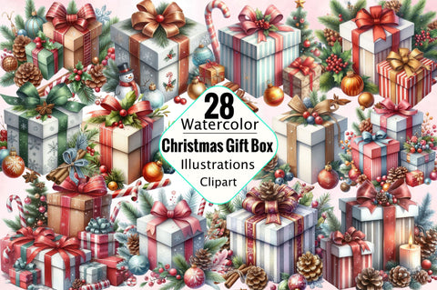 Watercolor Christmas Gift Box Sublimation Clipart Bundle Sublimation SVGArt 