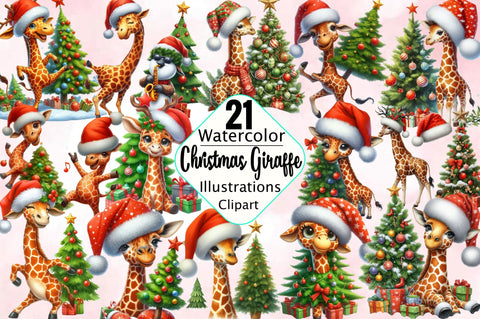 Watercolor Christmas Giraffe Sublimation Clipart Bundle Sublimation SVGArt 