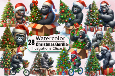 Watercolor Christmas Gorilla Sublimation Clipart Bundle Sublimation SVGArt 