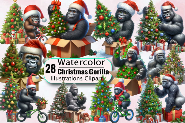 Watercolor Christmas Gorilla Sublimation Clipart Bundle Sublimation SVGArt 
