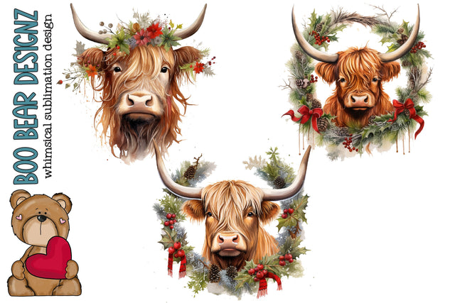 Watercolor Christmas Highland Cow Clipart Sublimation Boo Bear Designz 