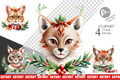 Watercolor Christmas Lynx Clipart Sublimation artnoy 