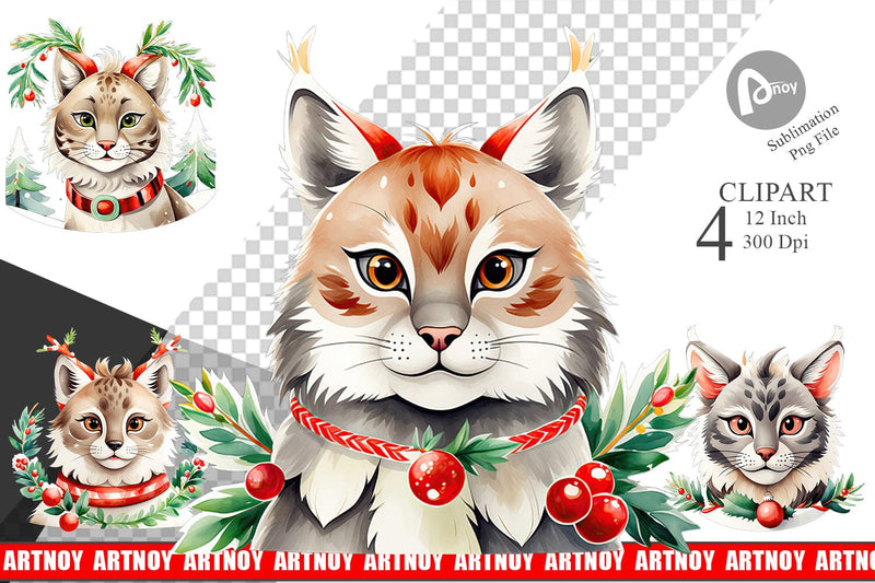 Watercolor Christmas Lynx Clipart Sublimation artnoy 