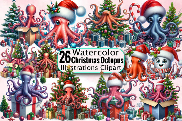 Watercolor Christmas Octopus Sublimation Clipart Bundle Sublimation SVGArt 