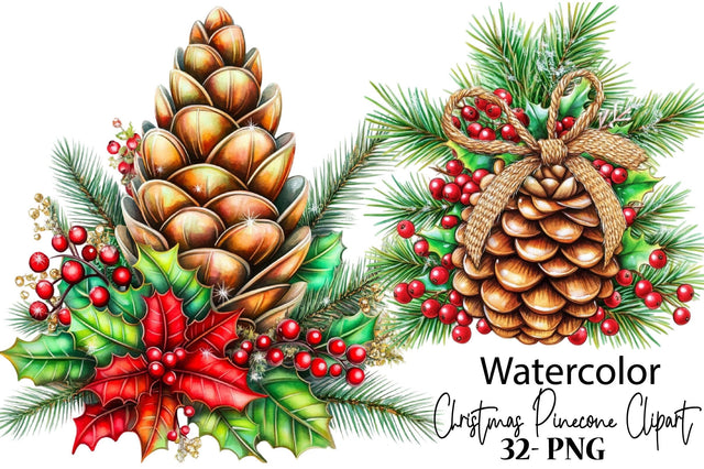 Watercolor Christmas Pinecone Clipart Sublimation SVGArt 