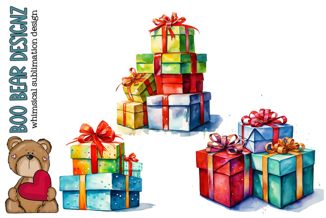 Watercolor Christmas Presents Clipart Sublimation Boo Bear Designz 