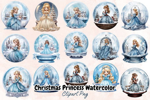 Watercolor Christmas Princess in Snow Globe Bundle Sublimation Designangry 
