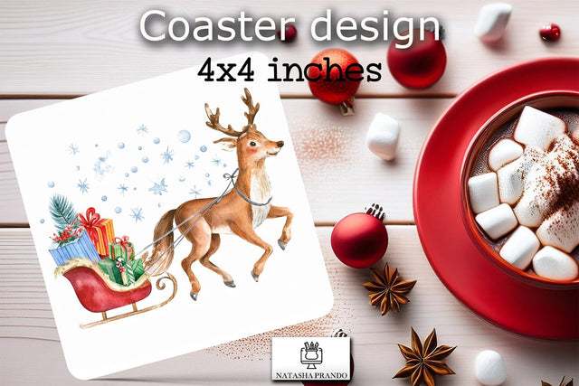 Watercolor Christmas Reindeer Coaster Sublimation Design Sublimation Natasha Prando 