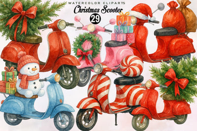 Watercolor Christmas Scooter Clipart Bundle. Sublimation SVGArt 