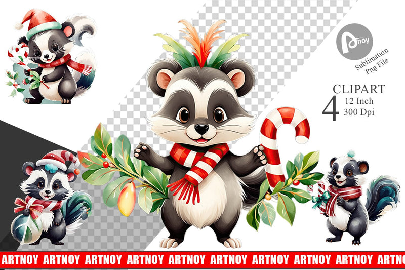 Watercolor Christmas Skunk Clipart Sublimation artnoy 
