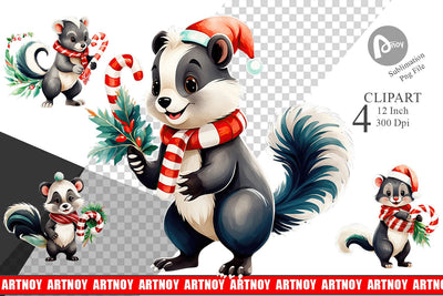 Watercolor Christmas Skunk Clipart Sublimation artnoy 