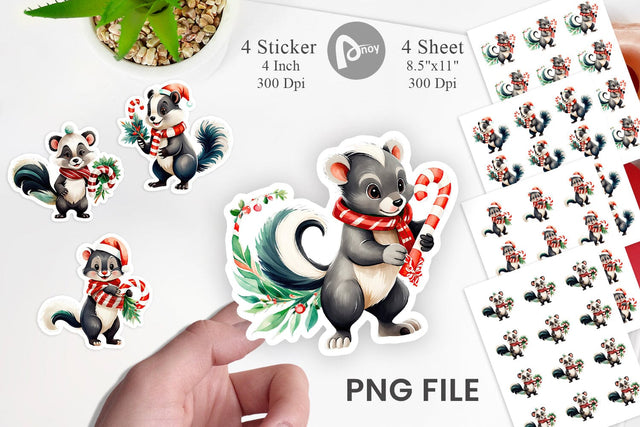 Watercolor Christmas Skunk Sticker Sublimation artnoy 