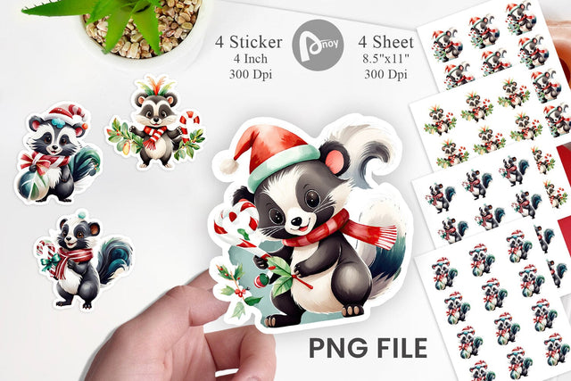 Watercolor Christmas Skunk Sticker Sublimation artnoy 