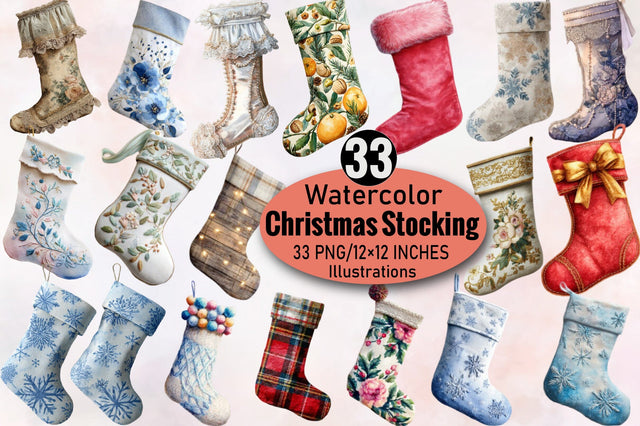 Watercolor Christmas Stocking Clipart Bundle. Sublimation SVGArt 
