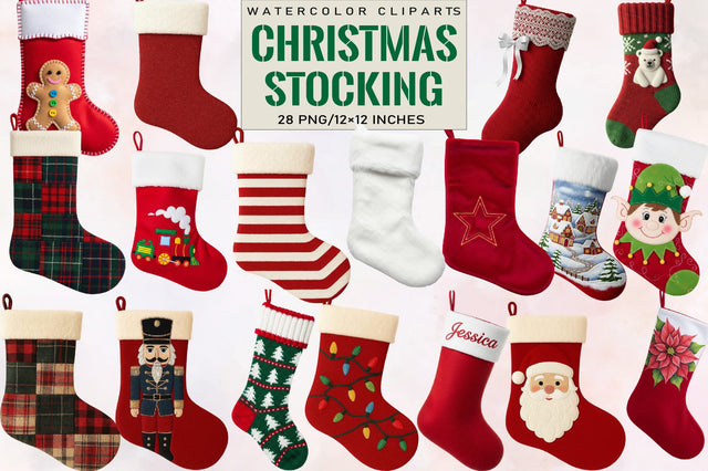 Watercolor Christmas Stocking Clipart Bundle Sublimation SVGArt 