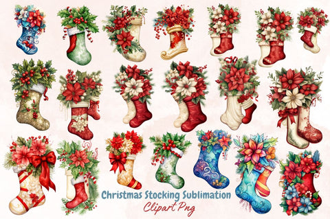 Watercolor Christmas Stocking Sublimation Clipart Bundle SVG Designangry 