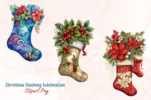 Watercolor Christmas Stocking Sublimation Clipart Bundle SVG Designangry 