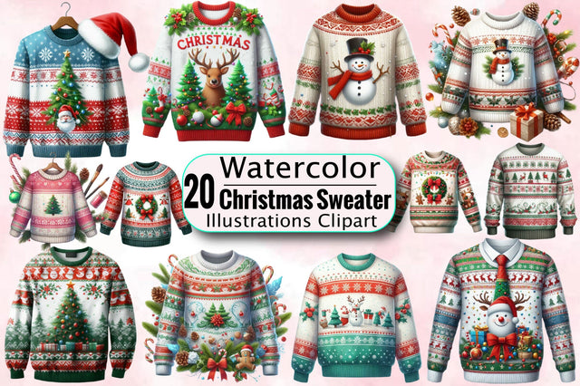 Watercolor Christmas Sweater Sublimation Clipart Bundle Sublimation SVGArt 