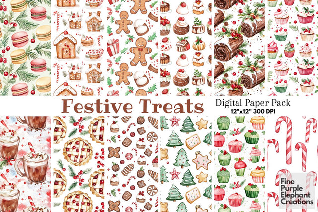 Watercolor Christmas Sweets Digital Paper | Holiday Dessert Sublimation Digital Pattern Fine Purple Elephant Creations 