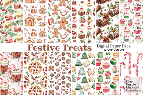 Watercolor Christmas Sweets Digital Paper | Holiday Dessert Sublimation Digital Pattern Fine Purple Elephant Creations 