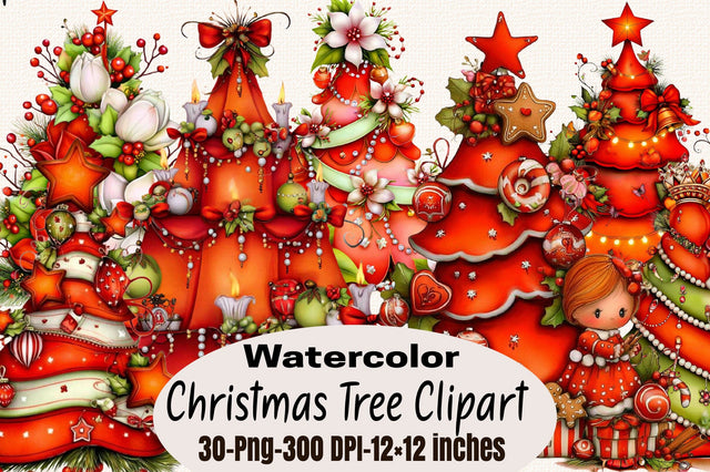 Watercolor Christmas Tree Clipart Bundle. Sublimation SVGArt 